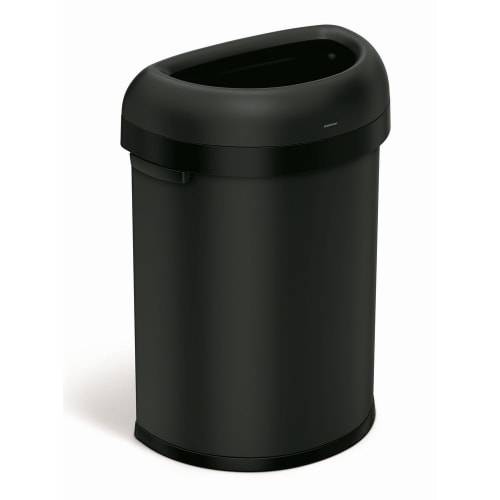 Simplehuman Cubo de basura semirredondo de 80 litros con tapa abierta, acero de gran calibre, negro mate